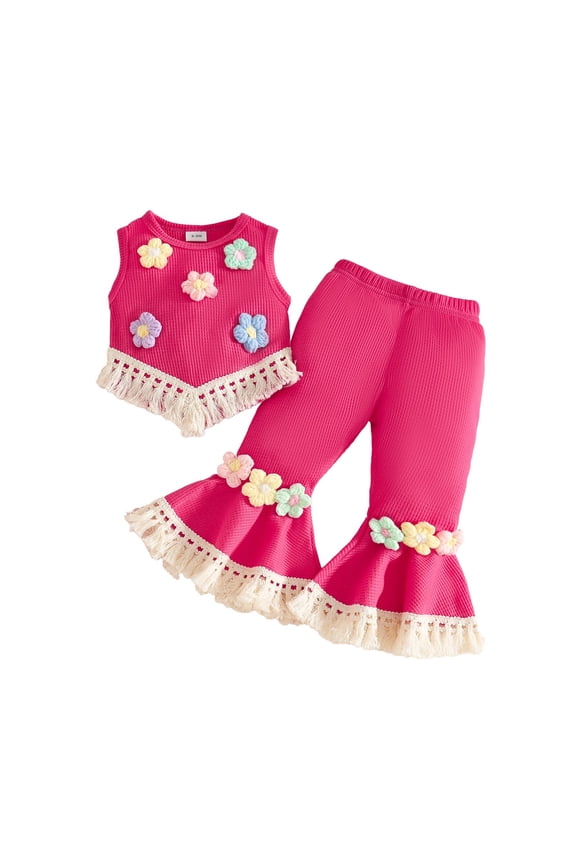 Infant Girls Summer Outfits Flower Tassels Tank Top Flared Pants Set, Sizes 6M-3T