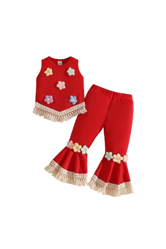 Infant Girls Summer Outfits Flower Tassels Tank Top Flared Pants Set, Sizes 6M-3T