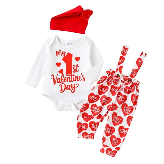 Tiijoy Infant Girls Valentine's Day Outfits Long Sleeve Romper Overalls Hat 3Pcs Set, Sizes 9-12M
