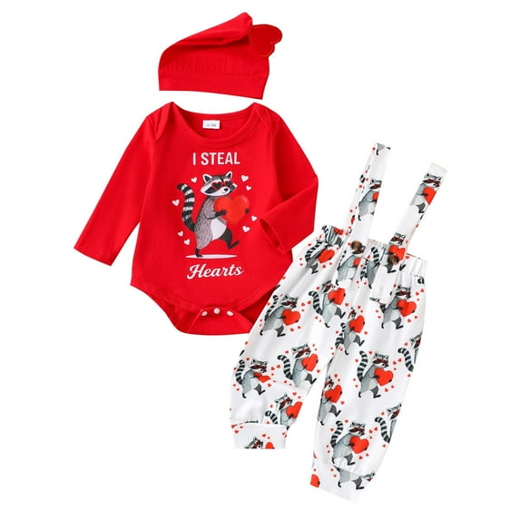 Tiijoy Infant Girls Valentine's Day Outfits Long Sleeve Romper Overalls Hat 3Pcs Set, Sizes 9-12M