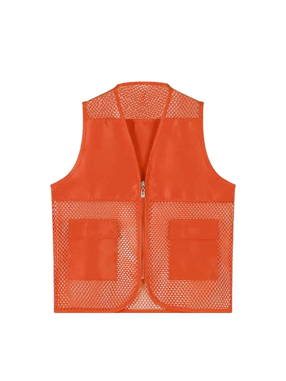 Kids Fishnet Fishing Vest Zip-Up Outdoor Travel Hiking Vest with Pockets, Orange