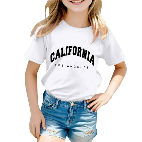 Tiijoy Kids Girls California Print Short Sleeve T-Shirt Soft Crew Neck Tee Top, Sizes 2-12