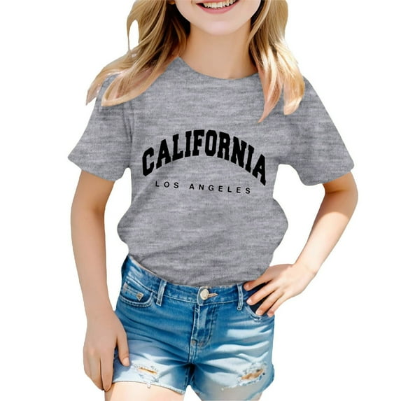 Tiijoy Kids Girls California Print Short Sleeve T-Shirt Soft Crew Neck Tee Top, Sizes 2-12