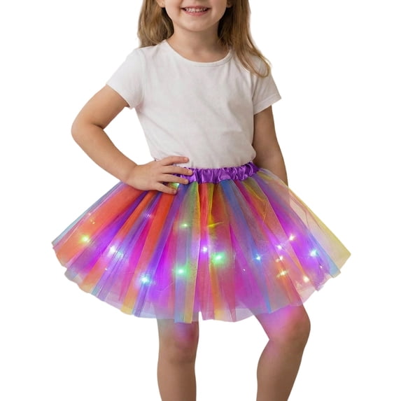 Tiijoy Kids Girls Rainbow Glitter Layered Tulle Tutu Skirt with Led Lights