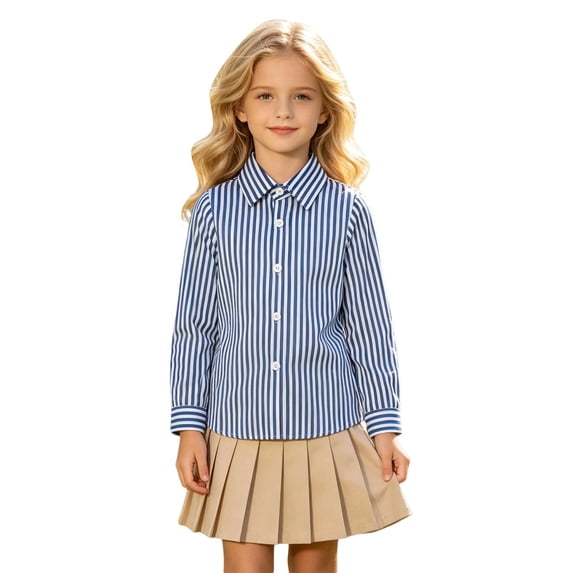Tiijoy Kids Long Sleeve Striped Shirt Boys Girls Button Down Shirt Top, Blue, Sizes 4-13
