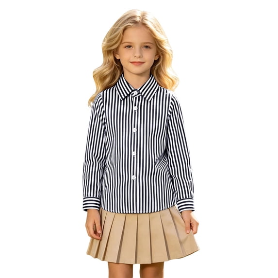 Tiijoy Kids Long Sleeve Striped Shirt Boys Girls Button Down Shirt Top, Navy, Sizes 4-13