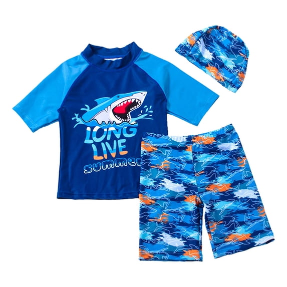 Tiijoy Little Boys 3-Piece Swimsuit Shark Print Rash Guard Shorts Swim Cap Swimming Suit, Sizes 6-7