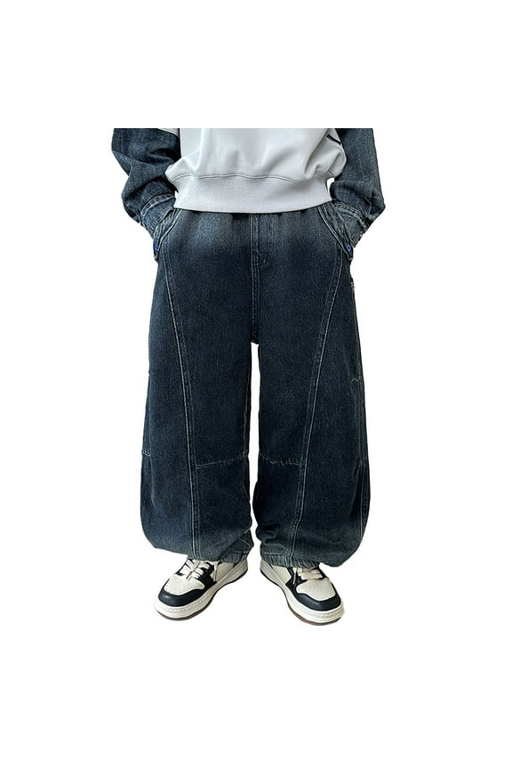 Little Boys Baggy Pull On Jeans Kids Casual Denim Pants with Pockets, Sizes 5-6
