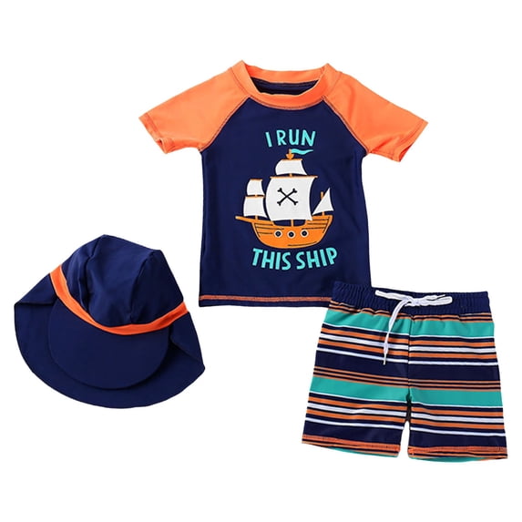 Tiijoy Little Boys Cartoon Short Sleeve Rash Guard Swimsuit with Swim Cap, 3-Piece, Sizes 0-6