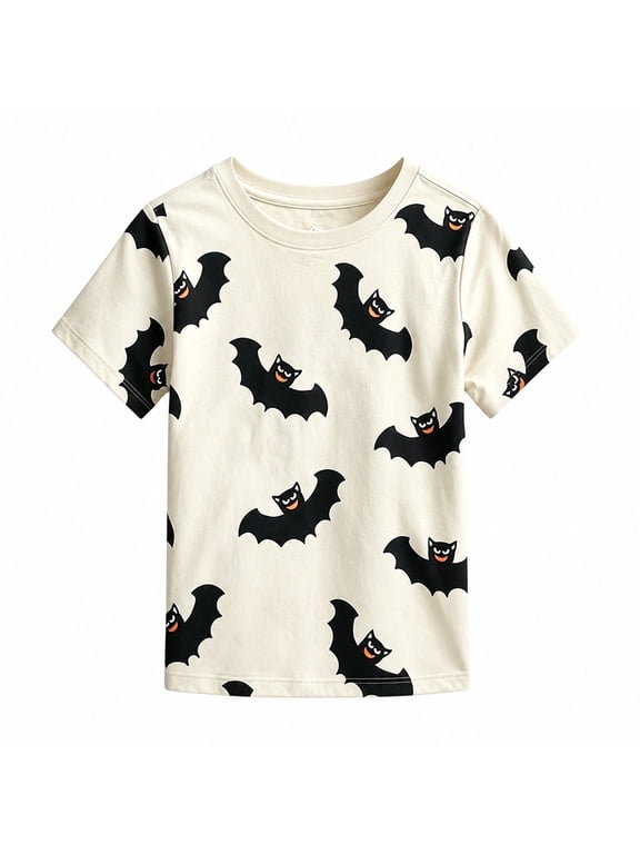 Little Boys Halloween T Shirt Bat Print Short Sleeve Crew Neck T-Shirt Tee, Beige