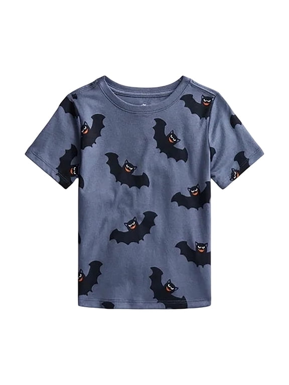 Little Boys Halloween T Shirt Bat Print Short Sleeve Crew Neck T-Shirt Tee, Navy