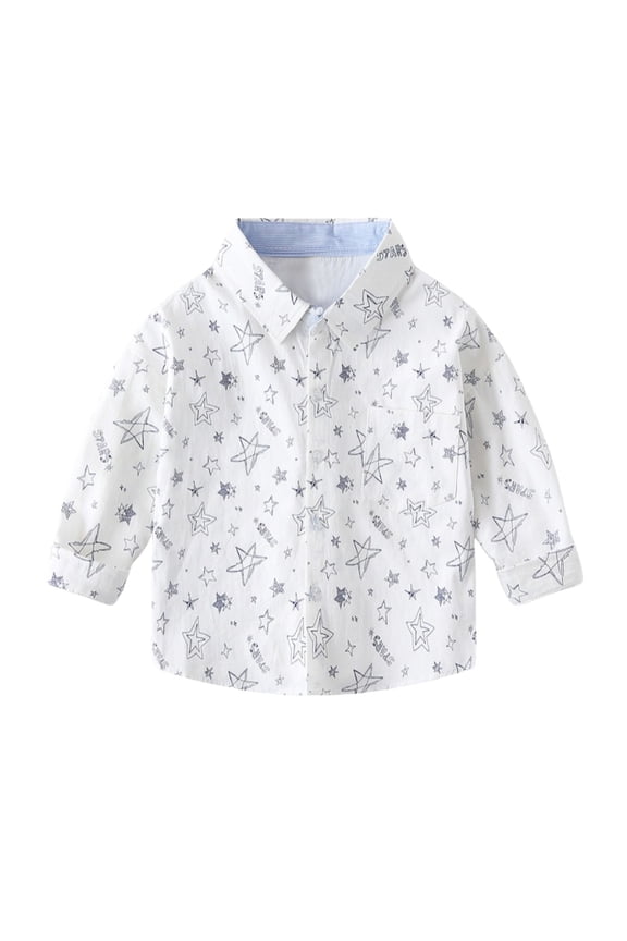 Little Boys Long Sleeve Button Down Shirt Casual Star Print Cotton Shirt, Sizes 1-7