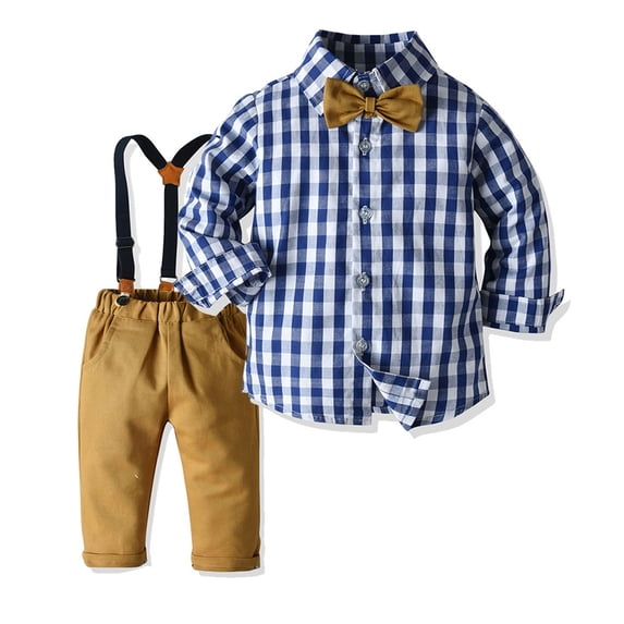 Tiijoy Little Boys Long Sleeve Button Down Shirt Suspenders Pants Outfits, Sizes 6-7