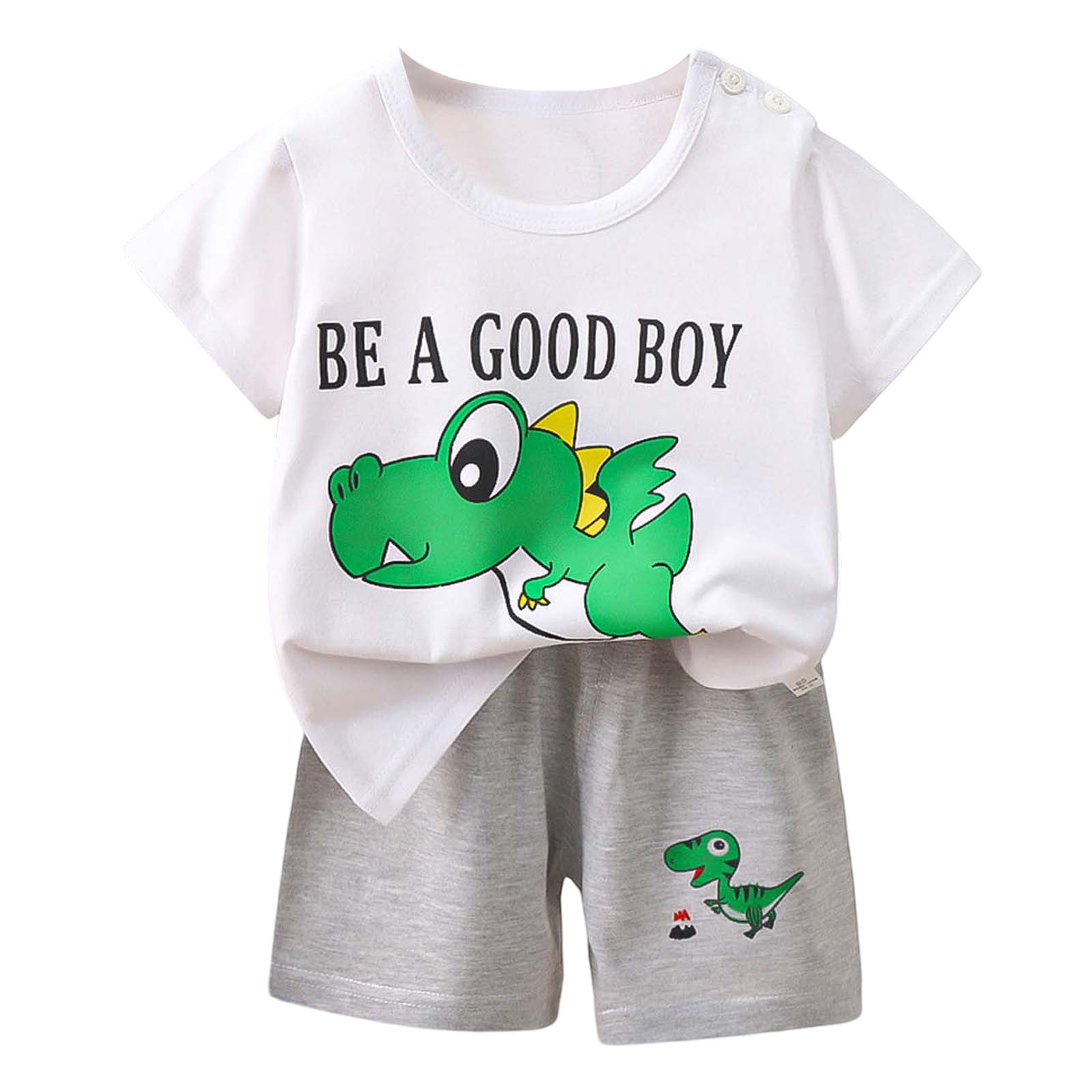 Boys Peach Button Shirt & Mint Shorts Set – Cute Cartoon Summer Outfit