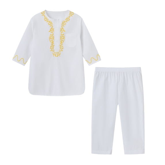 Tiijoy Little Boys Thobe Outfits Embroidery Long Sleeve Robe Shirt Pants Set, Sizes 5-6