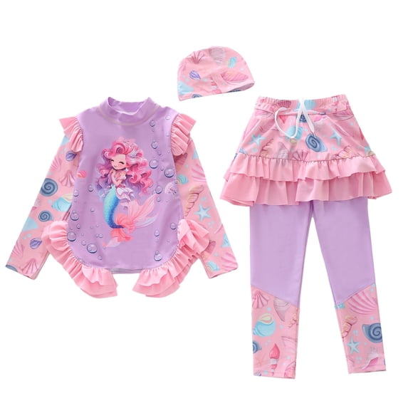Tiijoy Little Girl's Long Sleeve Rashguard Swimsuit Pants Swim Cap Bathing Suits, 3-Piece, Sizes 2-12