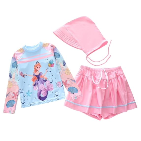 Tiijoy Little Girls 2-Piece Swimsuit Long Sleeve Rash Guard Skort with Hat, 3-Piece, Sizes 2-12