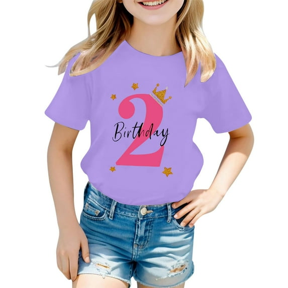 Tiijoy Little Girls 2Nd Birthday T-Shirt Letter Print Short Sleeve T Shirt, Sizes 6-7