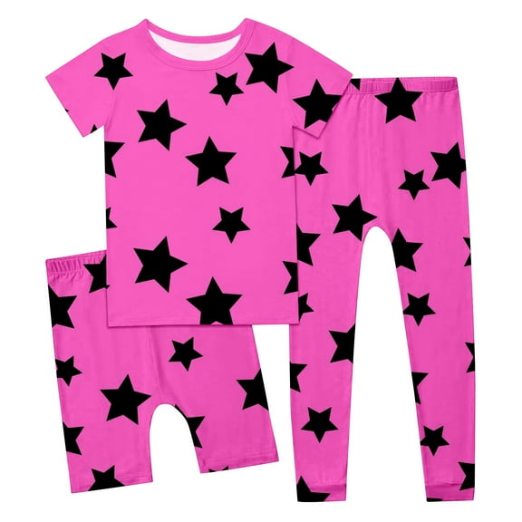 Tiijoy Little Girls 3-Piece Pajamas Star Print Short Sleeve T-Shirt Shorts Pants Set