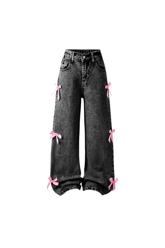 Little Girls Bow Baggy Jeans High Waisted Straight Leg Denim Pants, Sizes 6-7