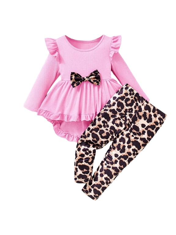 Little Girls Bow Ruffle Long Sleeve High Low Dress Leopard Pants Set, Sizes 5-6