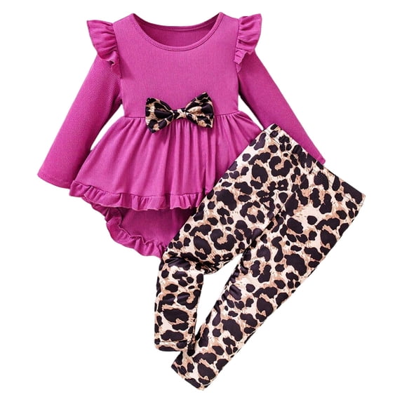 Tiijoy Little Girls Bow Ruffle Long Sleeve High Low Dress Leopard Pants Set, Sizes 6-7