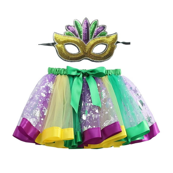 Tiijoy Little Girls Carnival Dance Party Tutu Skirt Layered Tulle Skirt with Eye Mask, Sizes 6-8