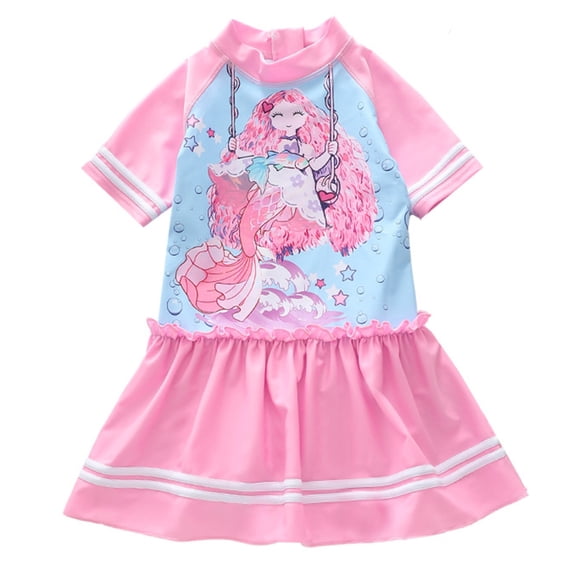 Tiijoy Little Girls Cartoon Print Short Sleeve Swim Dress Quick Dry UPF 50+ Bathing Suit, Sizes 2-12