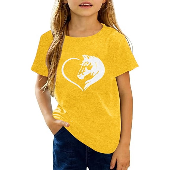 Tiijoy Little Girls Casual Graphic Tee Horse Short Sleeve Crewneck T Shirt, Sizes 3-13