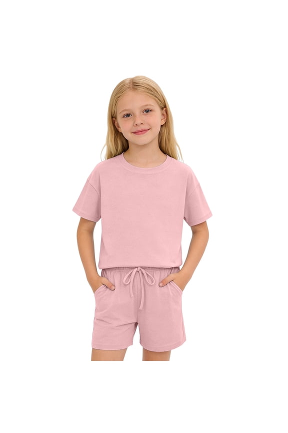 Little Girls Casual Solid Plain Short Sleeve T Shirt and Shorts Set, Sizes 5-6