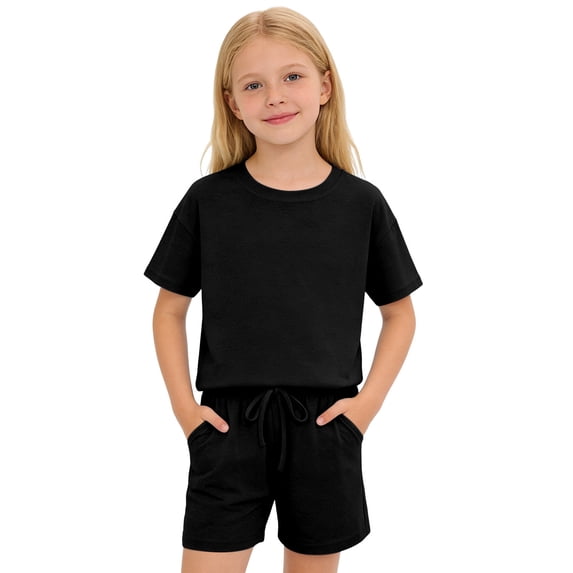 Tiijoy Little Girls Casual Solid Plain Short Sleeve T Shirt and Shorts Set, Sizes 5-6