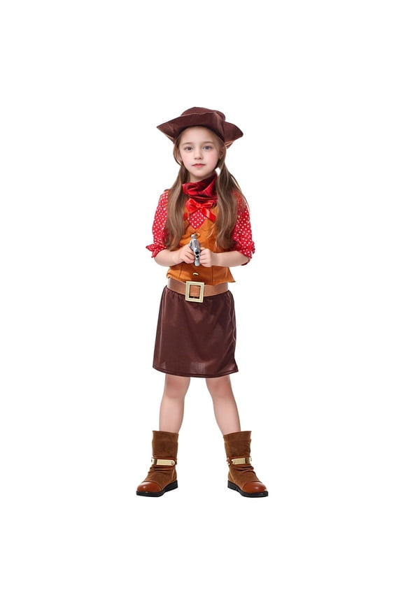 Little Girls Cowgirl Outfits Long Sleeve Shirt Belt Skirt Hat 4Pcs Set, Sizes 5-6
