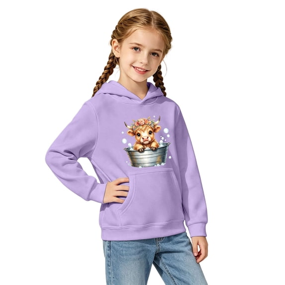 Tiijoy Little Girls Cute Highland Cow Hoodie Kids Casual Cozy Hooded Sweatshirt, Purple