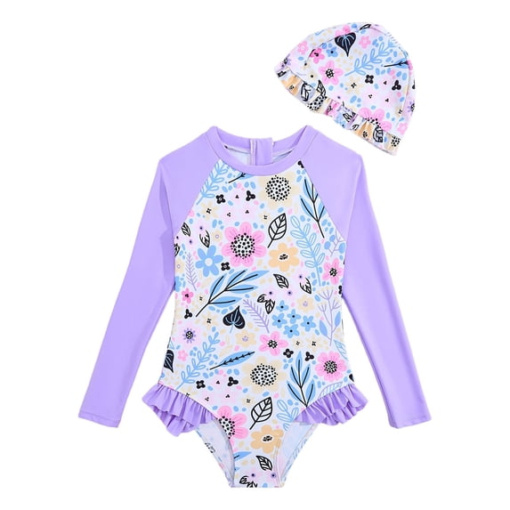 Tiijoy Little Girls Cute Ruffle Long Sleeve Rash Guard Swimsuit with Swim Cap, Sizes 5-6