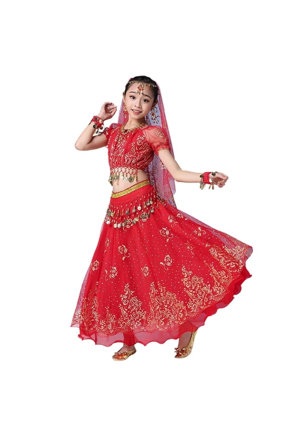 Little Girls Dance Outfits Mesh Crop Top Skirt Performance Dancewear, Sizes 5-7