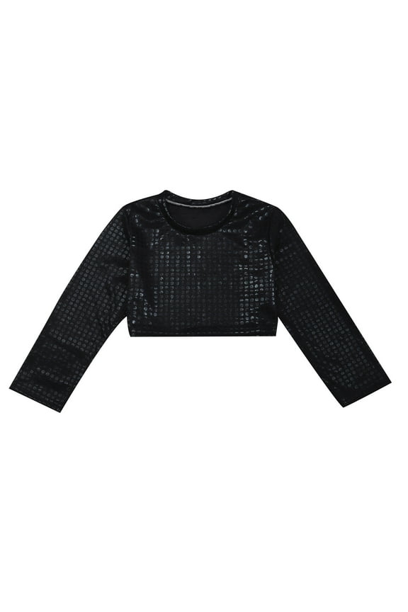 Little Girls Dance Sequin T-Shirt Kids Long Sleeve Crew Neck Crop Top, Sizes 6-7
