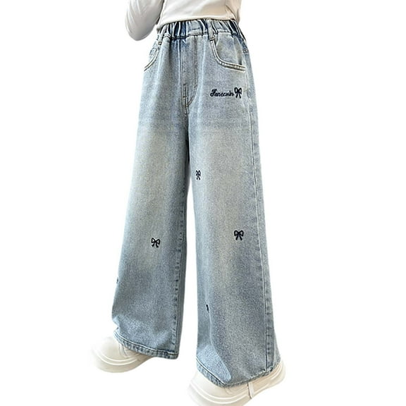Tiijoy Little Girls Elastic Waist Wide Leg Jeans Bow Embroidery Casual Straight Demin Pants