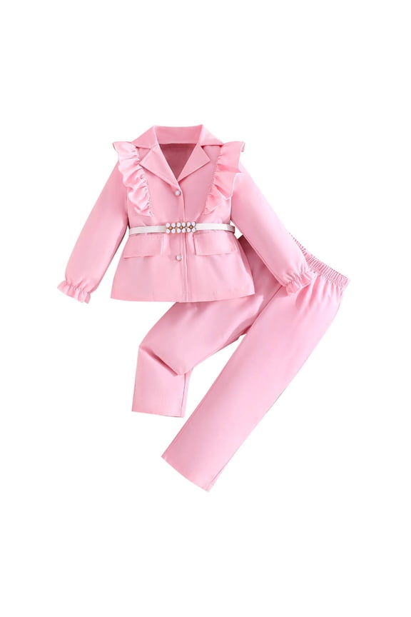 Little Girls Elegant Outfits Ruffle Lapel Belt Suit Jacket Pants Set, Sizes 3-8