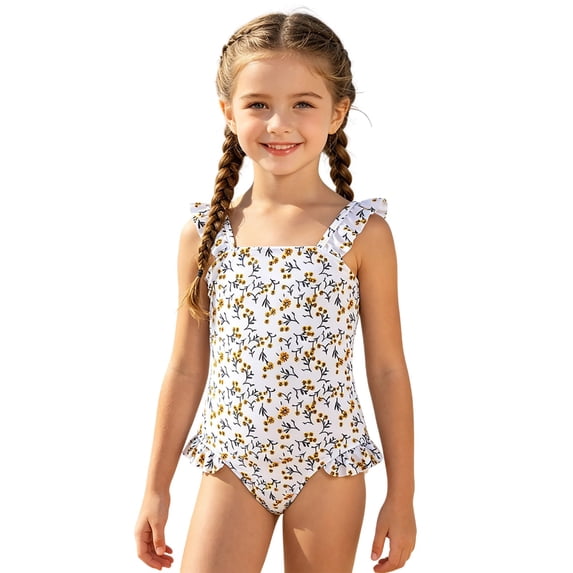 Tiijoy Little Girls Floral Ruffle One-Piece Swimsuit Cute UPF50+ Square Neck Bathing Suit
