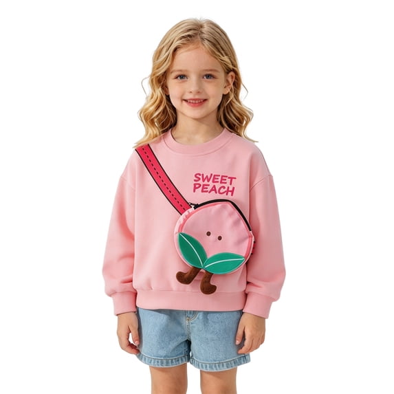Tiijoy Little Girls Fruit Graphic Sweatshirt with 3D Bag Casual Cute Crewneck Pullover, Pink