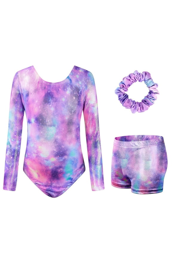 Little Girls Gymnastics Leotard Stretch Ballet Dance Unitard Shorts Hairband Outfits, Sizes 6-7