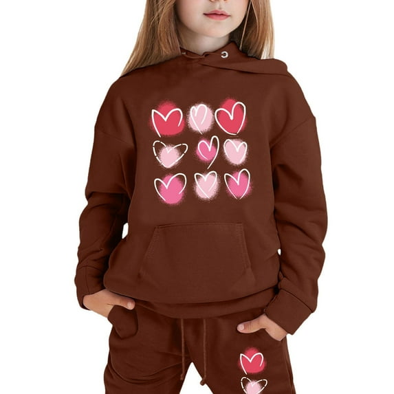 Tiijoy Little Girls Hearts Print Hoodie Sweatpants Sweatsuit Casual Outfits, Sizes 6-7