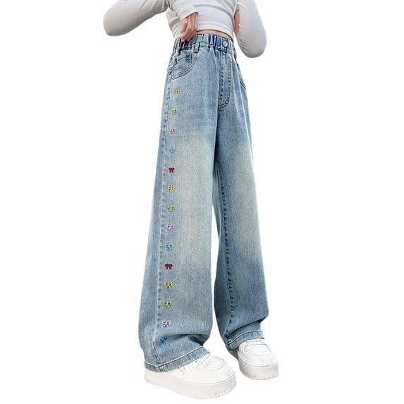 Tiijoy Little Girls High Waisted Loose Jeans Bow Embroidery Straight Denim Pants, Sizes 5-6