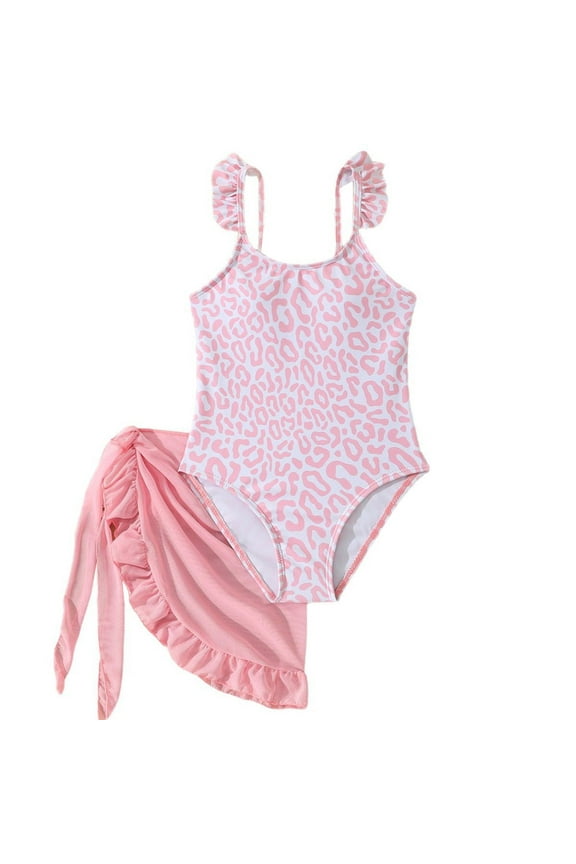 Little Girls Leopard Print One-Piece Swimsuit with Ruffle Cover Up, Sizes 5-6