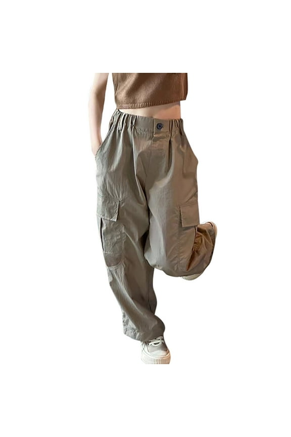 Little Girls Lightweight Straight Leg Cargo Pants Elastic Waist Baggy Pants Trousers