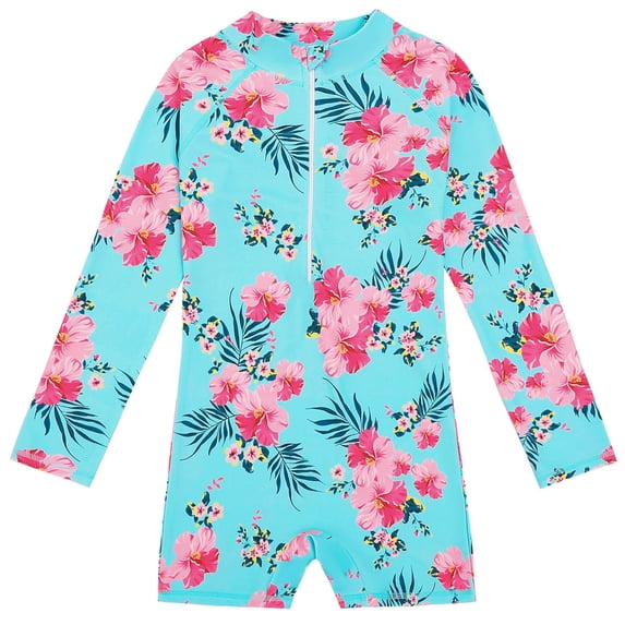 Tiijoy Little Girls Long Sleeve Rash Guard Surfing Suit Tropical Print One-Piece Swimsuit