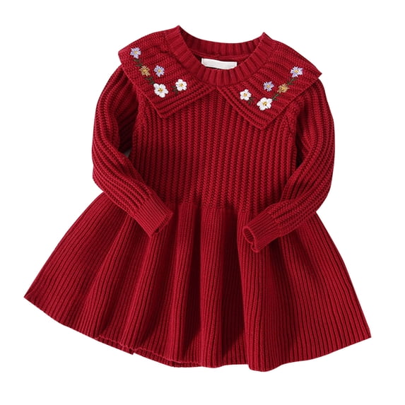 Tiijoy Little Girls Long Sleeve Sweater Dress Flower Embroidery Skater Dress, Sizes 6-7