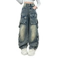 thumbnail image 1 of Tiijoy Little Girls Loose Fit Cargo Jeans Distressed Straight Leg Denim Pants, Sizes 5-6, 1 of 8
