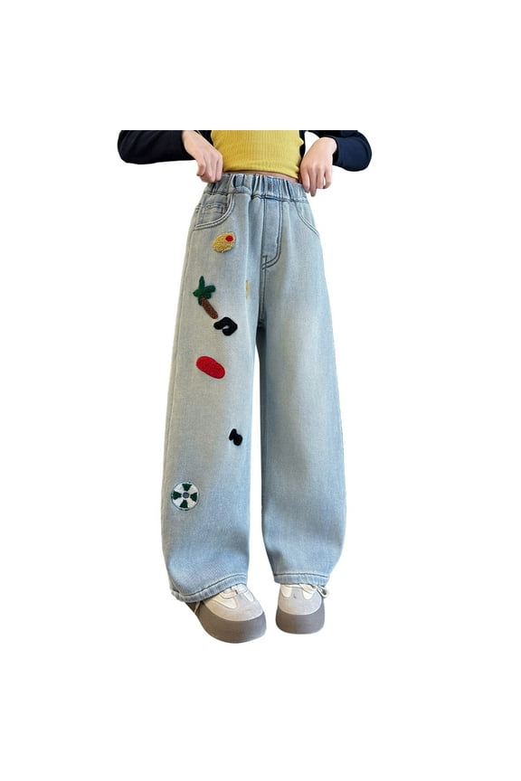 Little Girls Loose Fit Pull On Jeans Fashion Graphic Stretch Denim Pants, Sizes 5-6