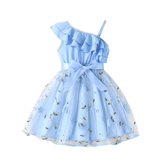Tiijoy Little Girls One Shoulder Ruffle Mesh Dress Flower Embroidery Princess Dress, Sizes 5-6